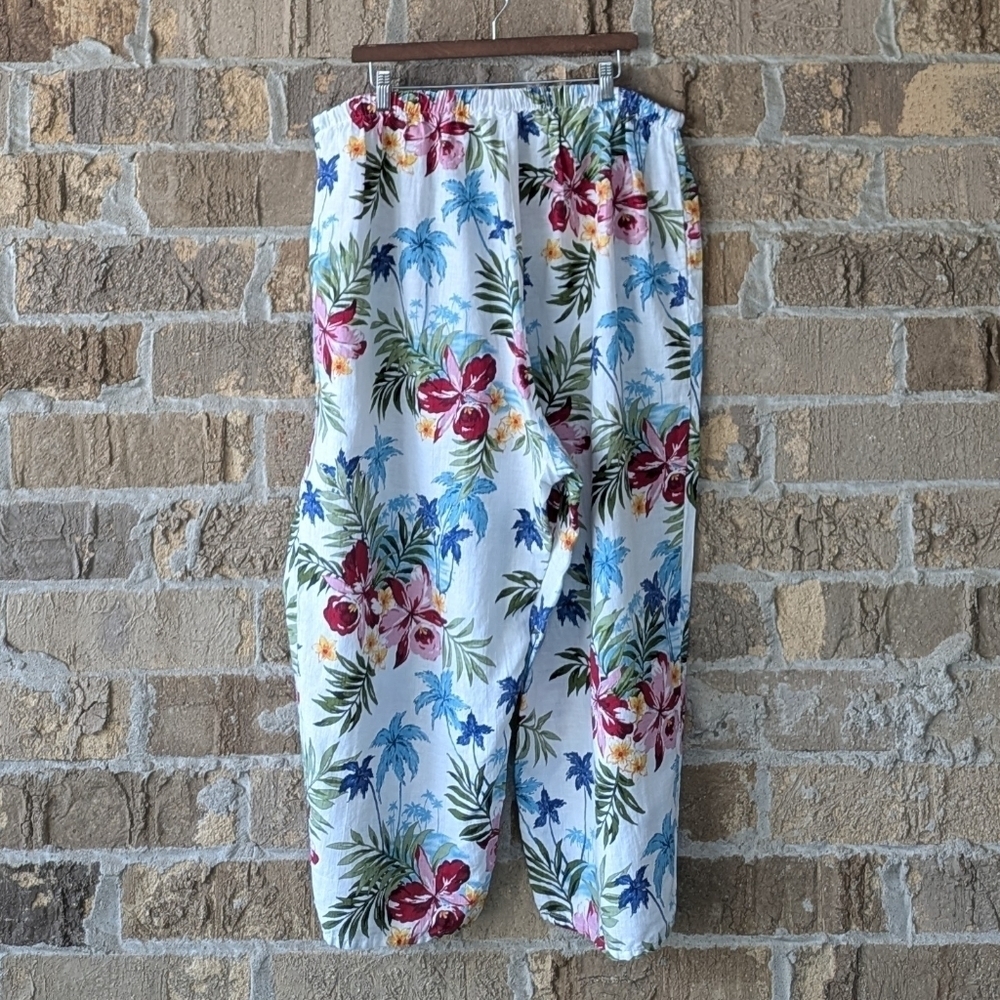 Hot Cotton Woman Linen Crop Wide Leg Pants White Allover Floral Size 3X - Picture 2 of 6